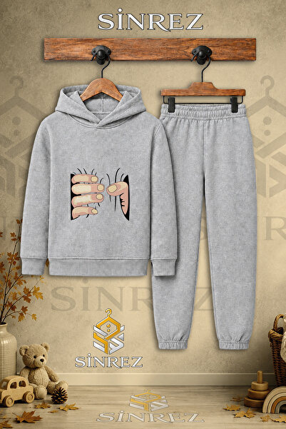 SİNREZ Children's Unisex Single-Handed Black Printed Hooded Tracksuit Set