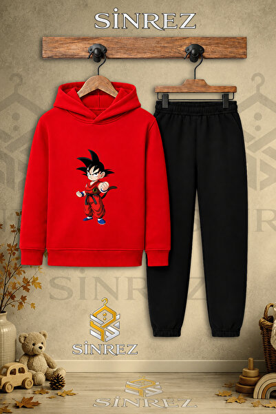 SİNREZ Children's Unisex Single Goku Standing and Punching Printed Hooded Tra...
