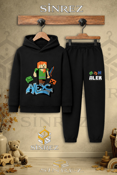 SİNREZ Children's Unisex Single Alex Original Printed Hooded Tracksuit Set