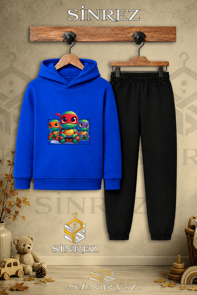 SİNREZ Children's Unisex Hooded Sweatshirt Set with Turtle Print on a Square ...