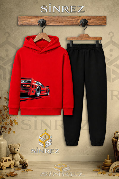 SİNREZ Children's Unisex Single Car Red Hooded Tracksuit Set with Printed Des...