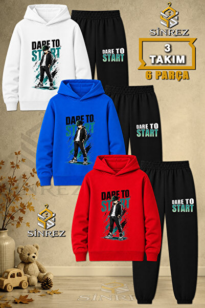 SİNREZ Children's Unisex 3Lu Dare to Hands in Pocket Printed Hooded Tracksuit...
