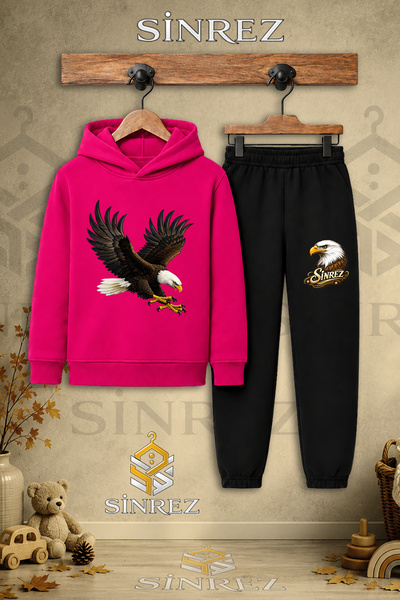 SİNREZ Children's Unisex Single Eagle Colorful Attack Print Hooded Tracksuit Set