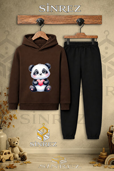 SİNREZ Children's Unisex Single Panda Pink Heart Printed Hooded Tracksuit Set