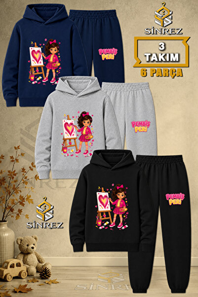 SİNREZ Children's Unisex 3Lu Pembis Peri Canvas Heart Printed Hooded Tracksui...