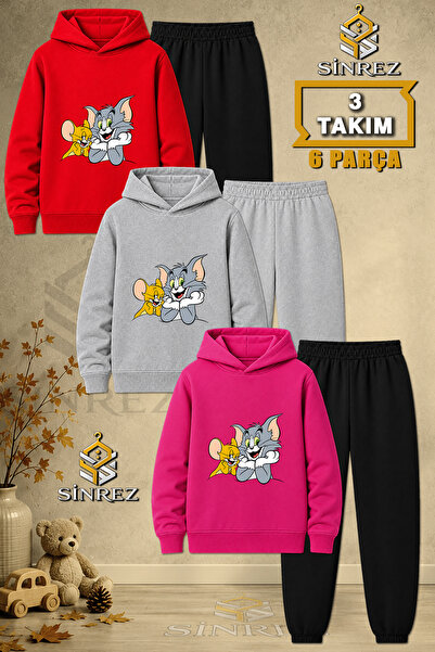 SİNREZ Children's Unisex 3Lu Cat Mouse Hands in the Cloud Printed Hooded Trac...