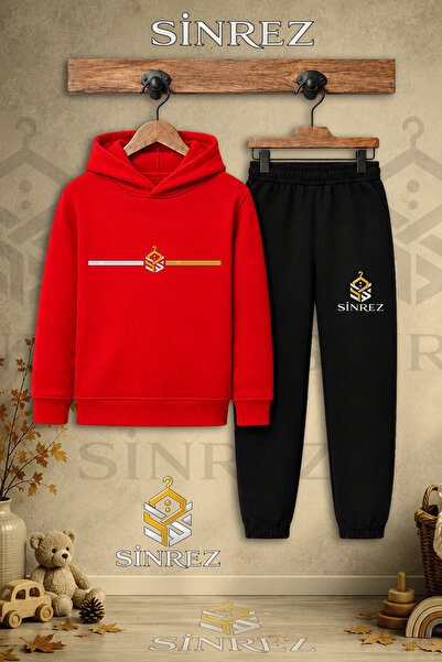 SİNREZ Children's Unisex Single Logo Side Single Line Printed Hooded Tracksui...