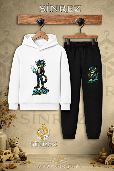 SİNREZ Children's Unisex Single Zenko Hand-Printed Hooded Tracksuit Set