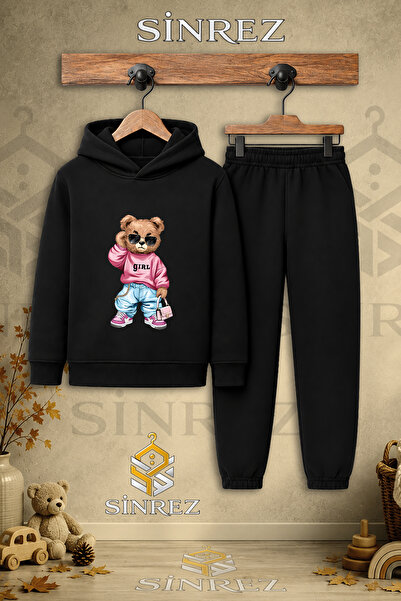 SİNREZ Children's Unisex Single Teddy Bear Pink Sweatshirt Girl Printed Hoode...