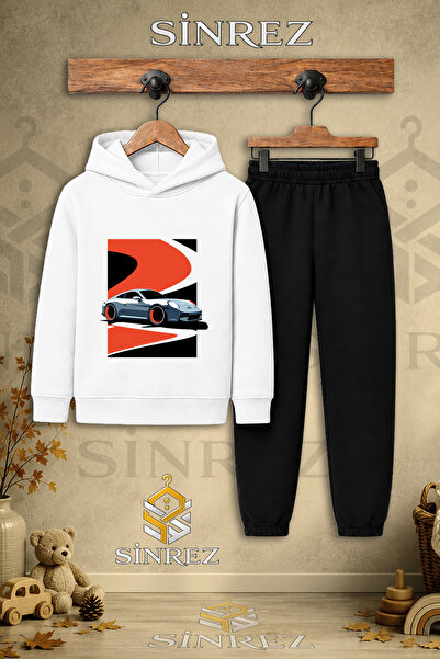 SİNREZ Children's Unisex Single Car Gray Red Black Canvas Printed Hooded Trac...