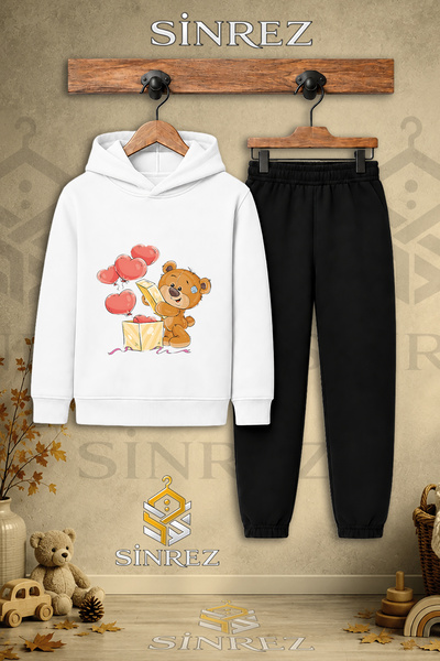 SİNREZ Children's Unisex Single Teddy Bear and Hearts Printed Hooded Tracksui...