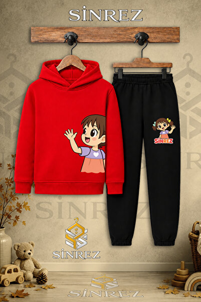SİNREZ Children's Unisex Single Girl's Left Side Printed Hooded Tracksuit Set