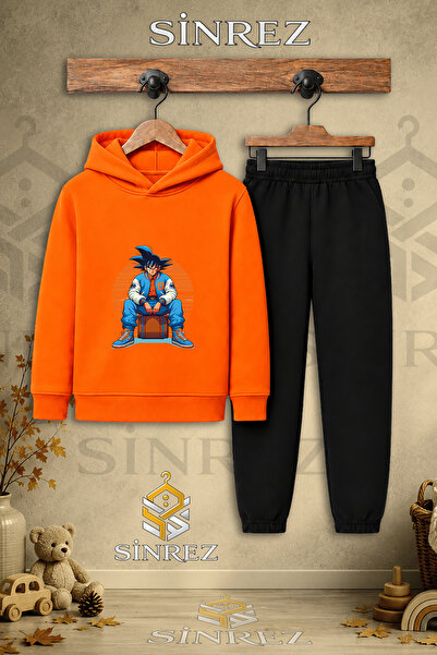 SİNREZ Children's Unisex Single Goku Trncu Circle Printed Hooded Tracksuit Set