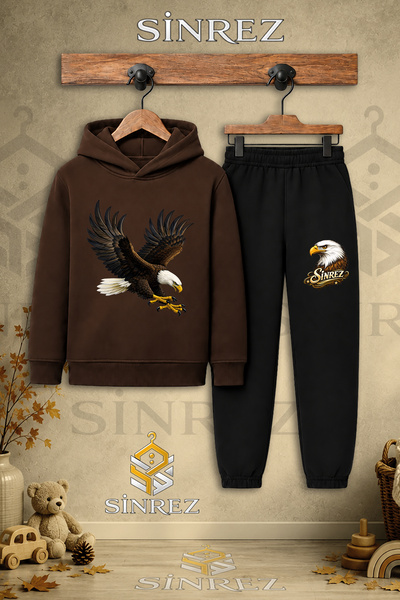 SİNREZ Children's Unisex Single Eagle Colorful Attack Print Hooded Tracksuit Set