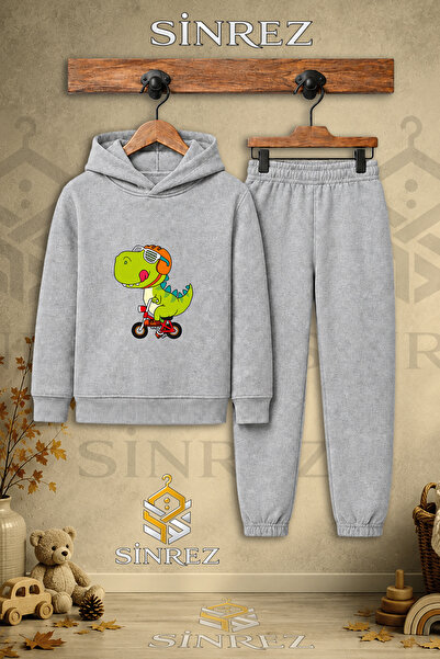 SİNREZ Children's Unisex Single Dino Green Bicycle Printed Hooded Tracksuit Set
