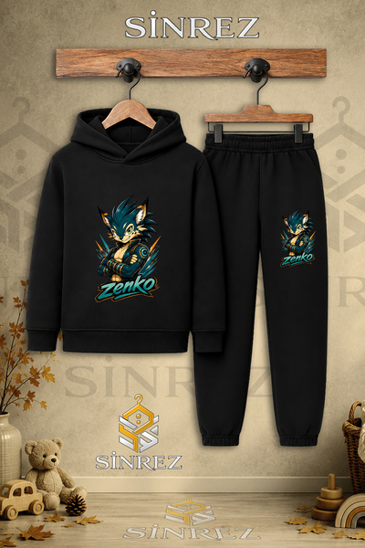 SİNREZ Children's Unisex Single Zenko Sleeves Tied Printed Hooded Tracksuit Set