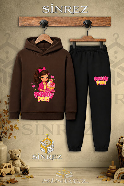 SİNREZ Children's Unisex Single-Piece Pink Fairy Cake Printed Hooded Tracksui...