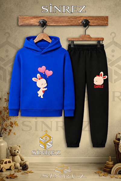 SİNREZ Children's Unisex Single Rabbit Heart Balloon Printed Hooded Tracksuit...