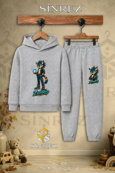 SİNREZ Children's Unisex Single Zenko Hand-Printed Hooded Tracksuit Set