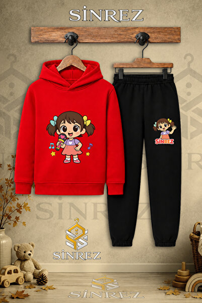 SİNREZ Children's Unisex Single Girl's Microphone Printed Hooded Tracksuit Set