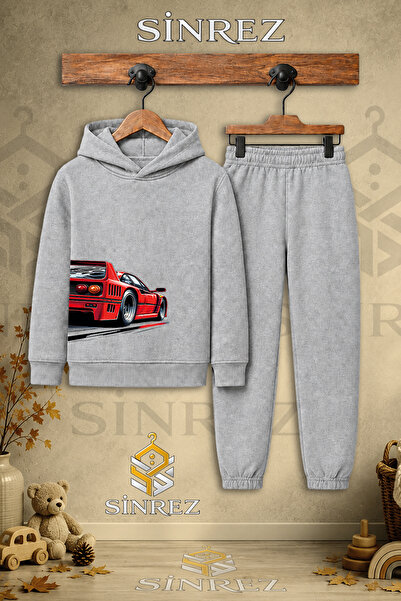 SİNREZ Children's Unisex Single Car Red Hooded Tracksuit Set with Printed Des...