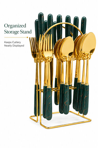 Toy Factory 24-Piece Gold-Tone Cutlery Set with Green Marble Ceramic Handles ...