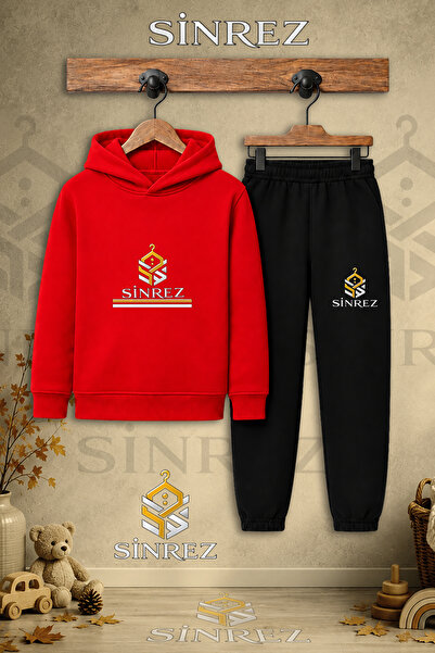 SİNREZ Children's Unisex Single Logo Two-Line Printed Hooded Tracksuit Set
