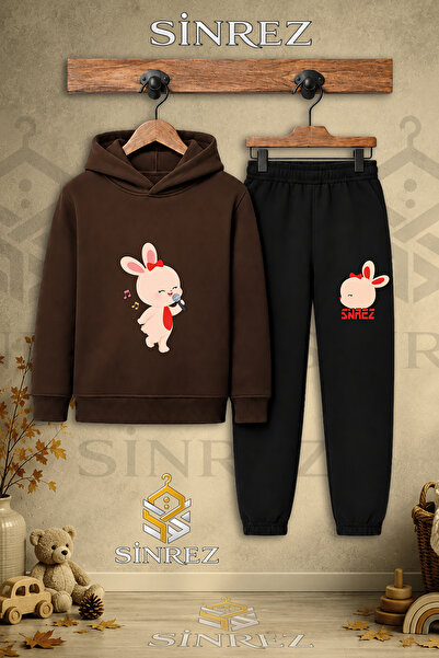 SİNREZ Children's Unisex Single Rabbit Printed Hooded Tracksuit Set with Micr...