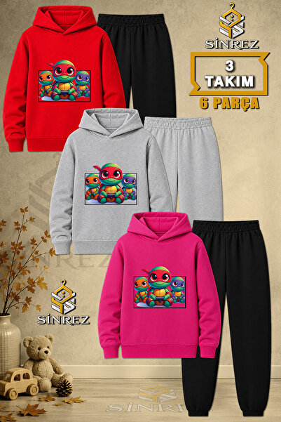 SİNREZ Children's Unisex 3Lu Turtle Printed Hooded Tracksuit Set with Square ...