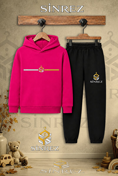 SİNREZ Children's Unisex Single Logo Side Single Line Printed Hooded Tracksui...