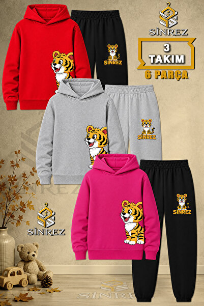 SİNREZ Children's Unisex 3Lu Tiger Left Side Printed Hooded Tracksuit Set