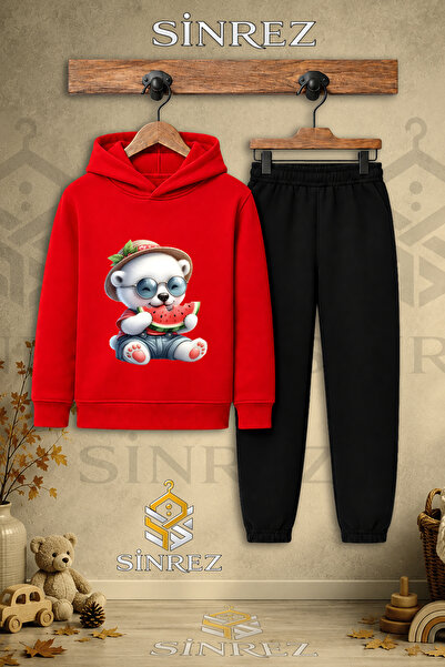 SİNREZ Children's Unisex Single Bear White Watermelon Eating Printed Hooded T...
