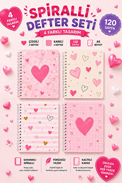 Panda A5 Spiralli Defter 4’lü Set – 80 Yaprak Çizgili Kareli – Renkli Desenli...