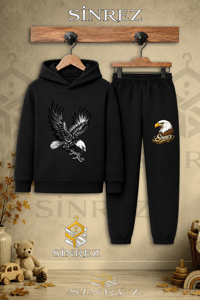 SİNREZ Children's Unisex Single Eagle Black Atak Printed Hooded Tracksuit Set