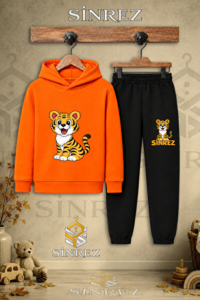 SİNREZ Children's Unisex Single Tiger Sitting Printed Hooded Tracksuit Set