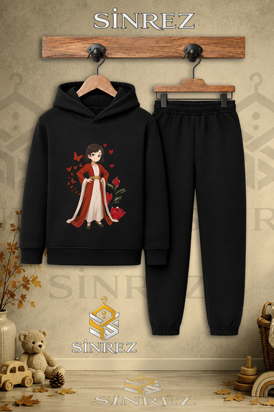SİNREZ Children's Unisex Single Jyn Anime Yoresel Printed Hooded Tracksuit Set