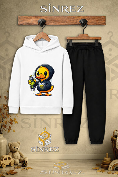 SİNREZ Children's Unisex Single Duck Yellow Large Printed Hooded Tracksuit Set