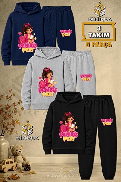 SİNREZ Children's Unisex 3Lu Pembis Peri School Printed Hooded Tracksuit Set