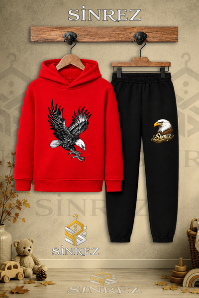 SİNREZ Children's Unisex Single Eagle Black Atak Printed Hooded Tracksuit Set