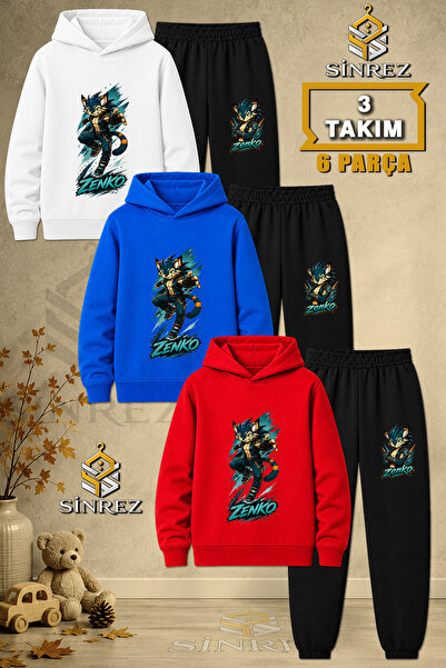SİNREZ Children's Unisex 3Lu Zenko One Attack Printed Hooded Tracksuit Set