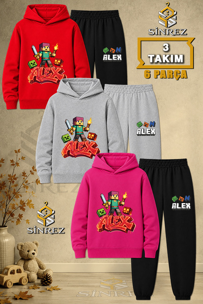 SİNREZ Children's Unisex 3Lu Alex Flame Printed Hooded Tracksuit Set
