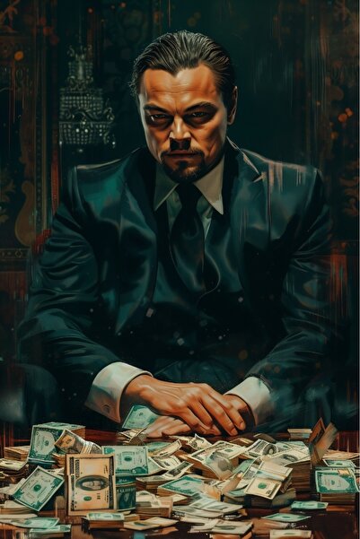 Para Yığınları Arasında Karizmatik Leonardo DiCaprio / Wall Street Mafia Lüks Finans MDF UV Baskı Tablo (60x90 cm)