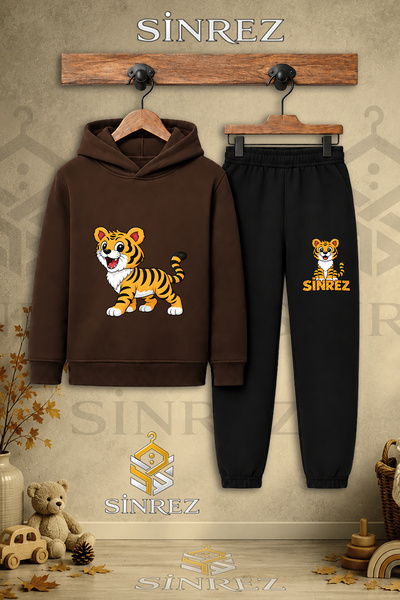 SİNREZ Children's Unisex Single Tiger Standing Printed Hooded Tracksuit Set