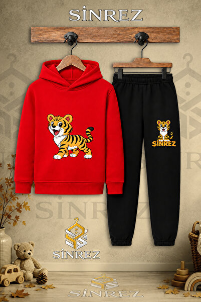 SİNREZ Children's Unisex Single Tiger Standing Printed Hooded Tracksuit Set