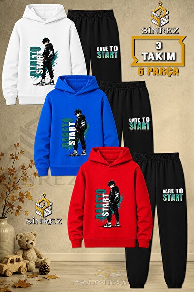 SİNREZ Children's Unisex 3Lu Dare to Text Printed Hooded Tracksuit Set
