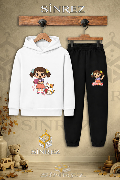 SİNREZ Children's Unisex Single Girl Cat Rope Yumagi Printed Hooded Tracksuit...