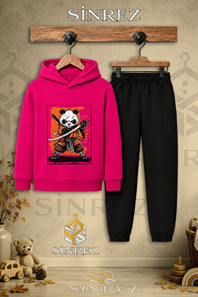 SİNREZ Children's Unisex Single Panda Ninja Printed Hooded Tracksuit Set