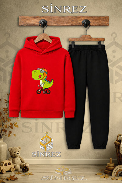 SİNREZ Children's Unisex Single Dino Green Bicycle Printed Hooded Tracksuit Set