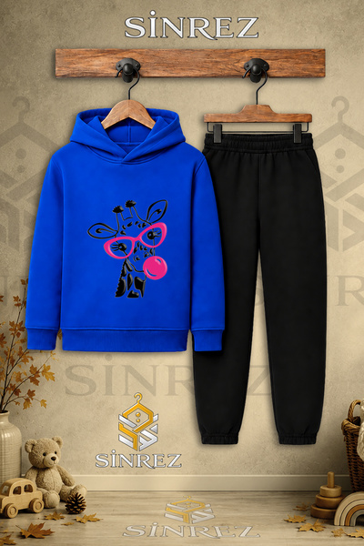 SİNREZ Children's Unisex Single Giraffe Printed Hooded Tracksuit Set with Gla...