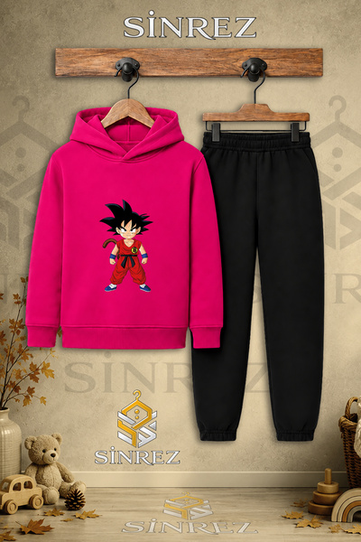 SİNREZ Children's Unisex Single Goku Flat-Footed Single-Printed Hooded Tracks...